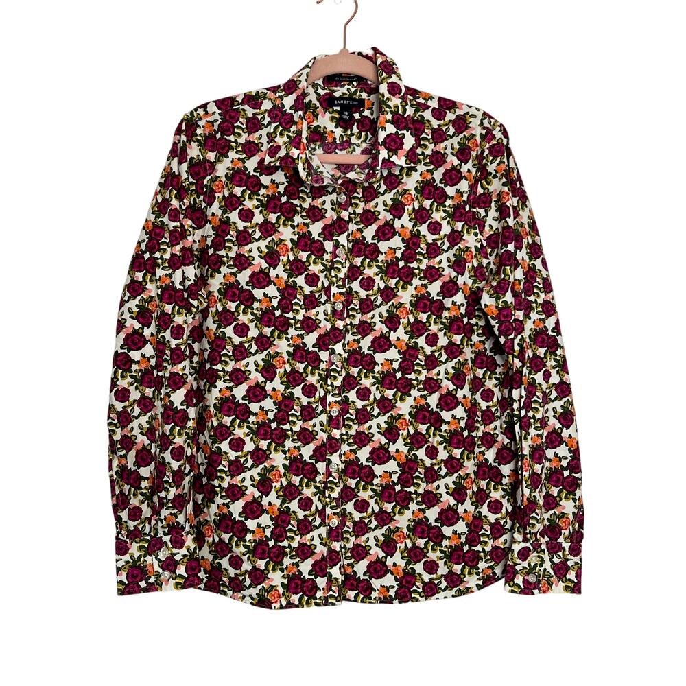 Lands' End Pink Roses Floral Button Up No Iron Supima Top Shirt Size 16